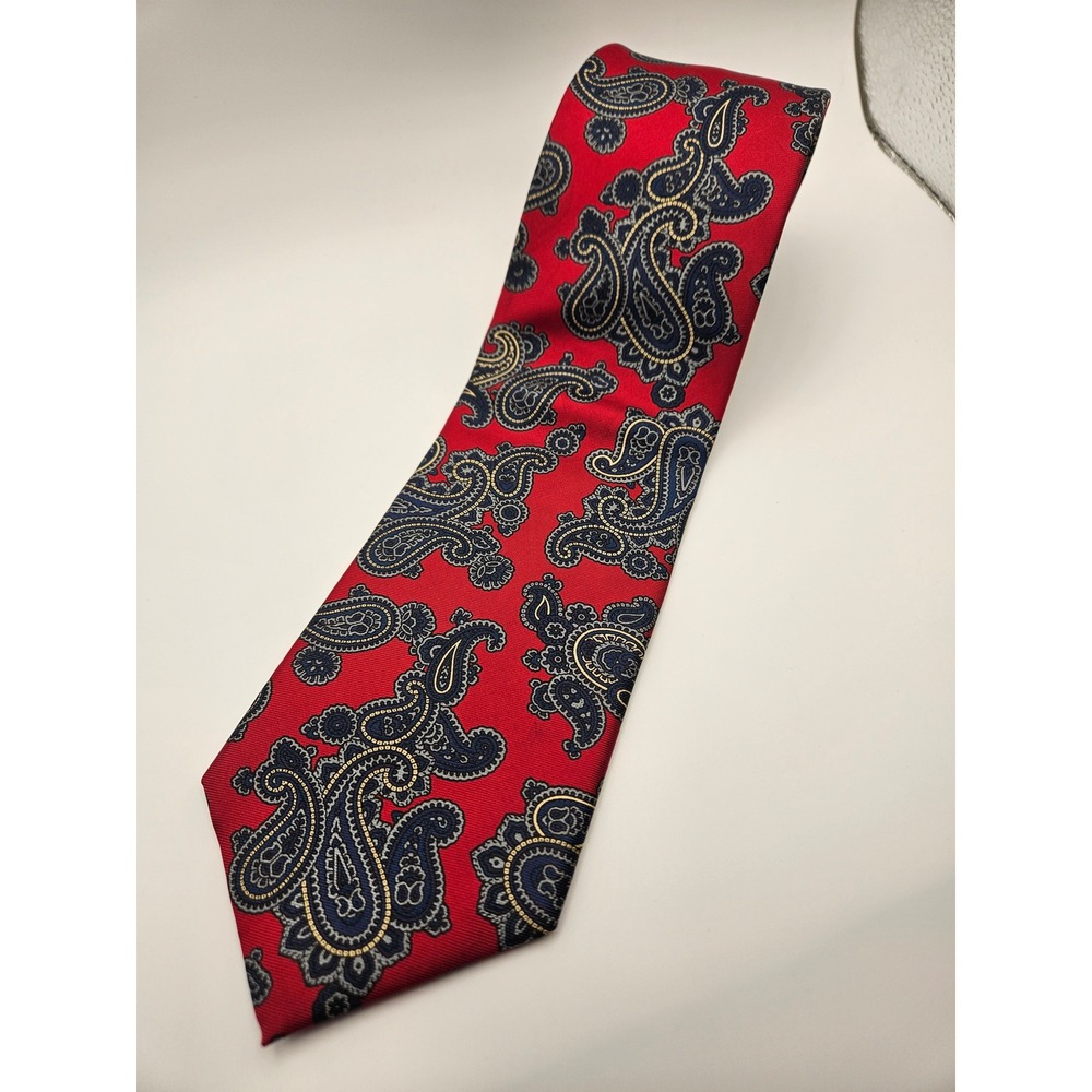 Bert Pulitzer Mens Silk Tie Red Navy Blue Gold Paisley Made USA 3.75 Inch Wide